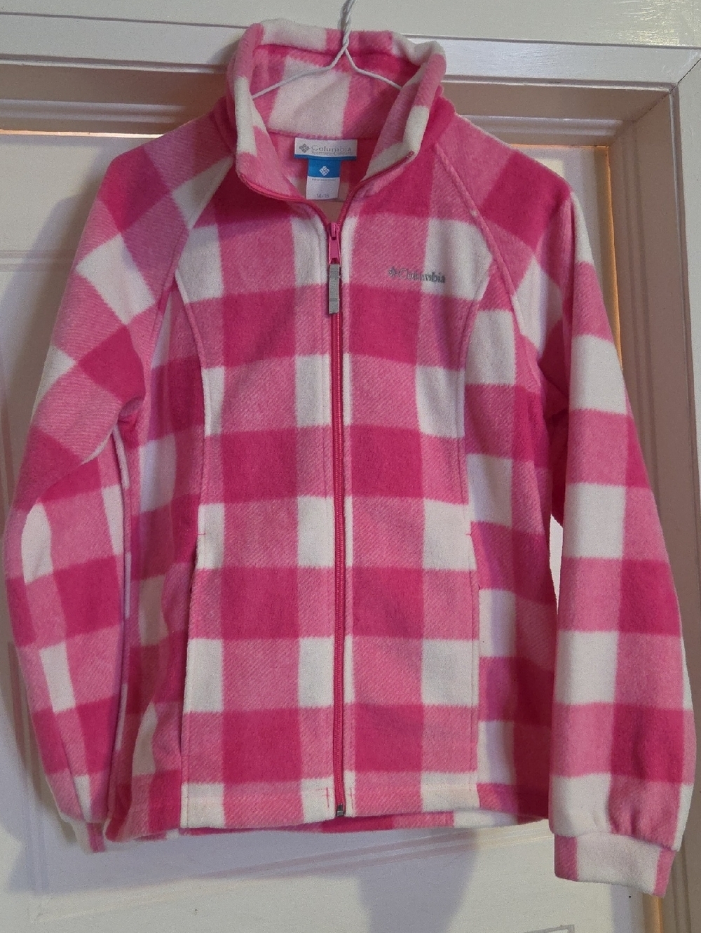 Size 14-16 Columbia Pink and White Check Fleece Zip Jacket